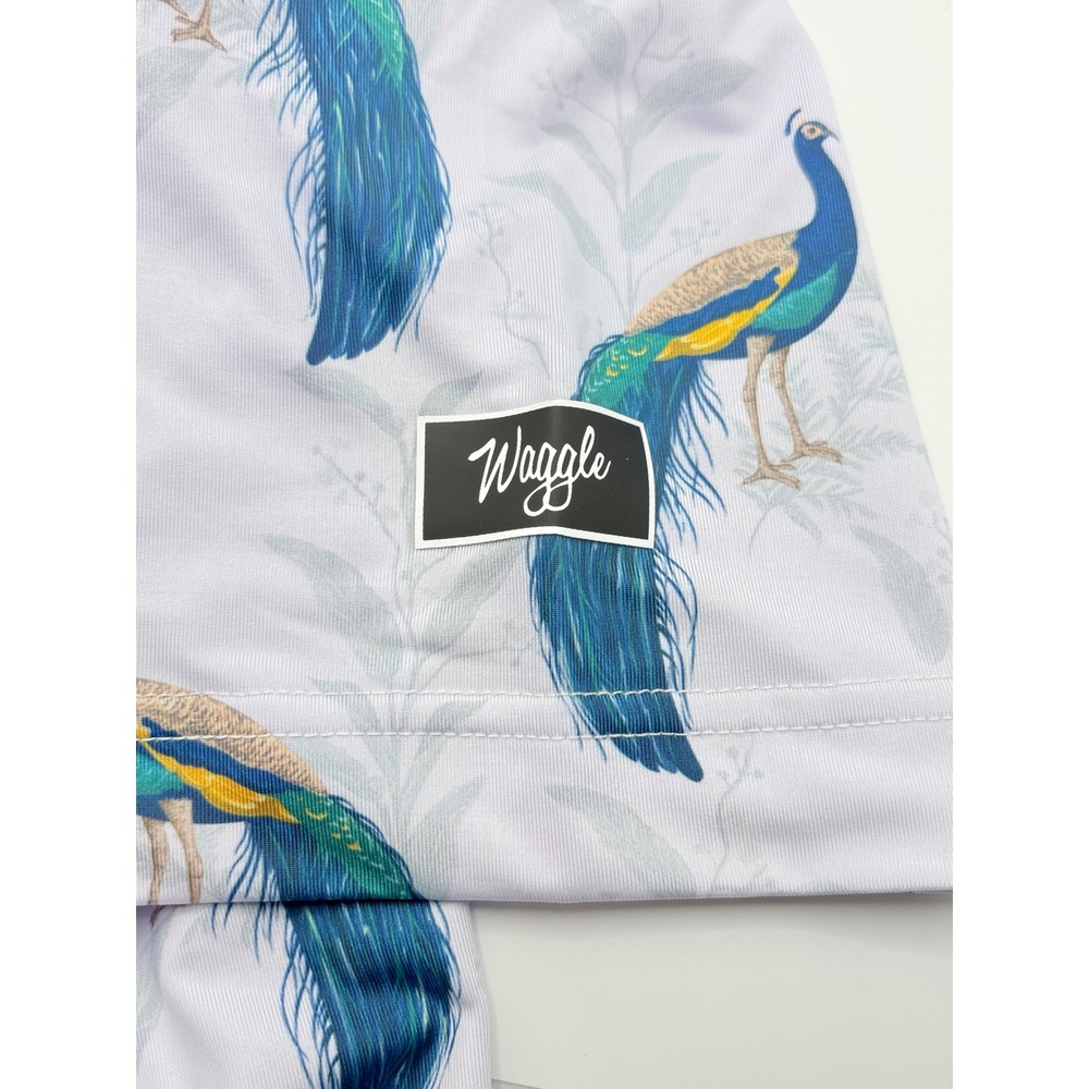 Waggle Peacocking Polo Men Large White Blue Peacock Print Golf Performance Shirt - Picture 7 of 8